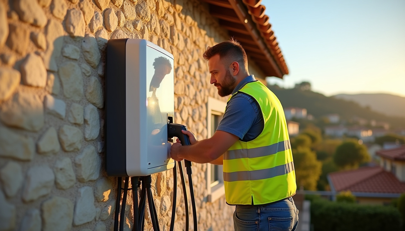 Un technicien en train d'installer une borne de recharge électrique sur un mur extérieur à Le Beausset