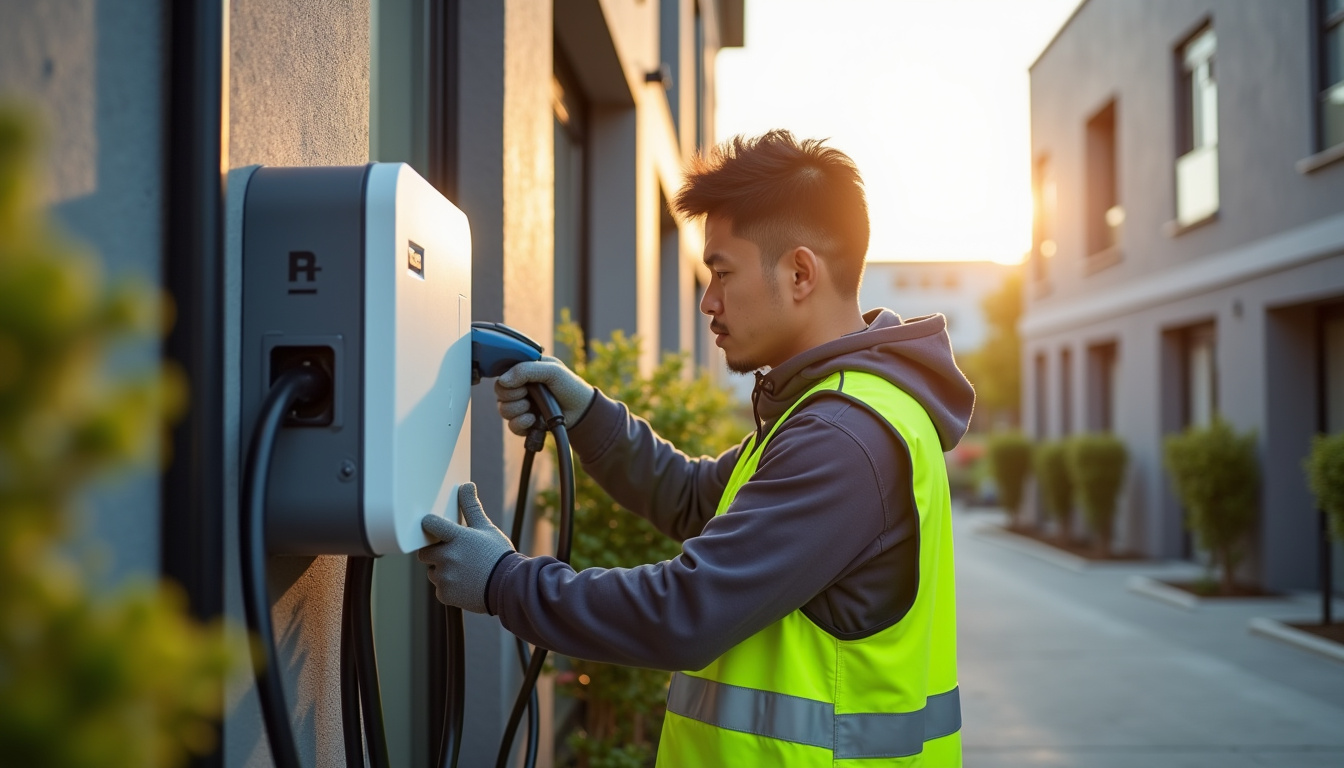 Un technicien en train d'installer une borne de recharge électrique sur un mur extérieur