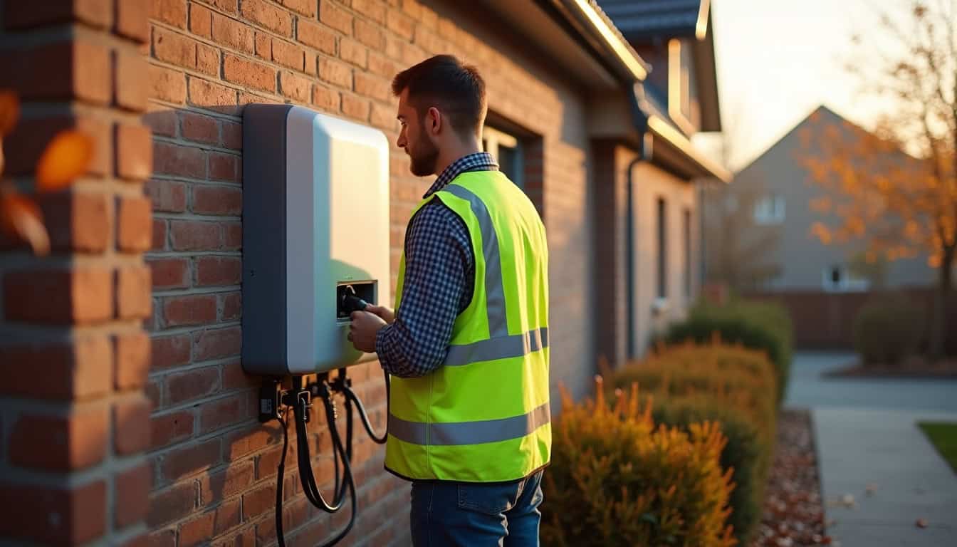 Un technicien en train d'installer une borne de recharge murale sur le mur extérieur d'une maison à Racquinghem