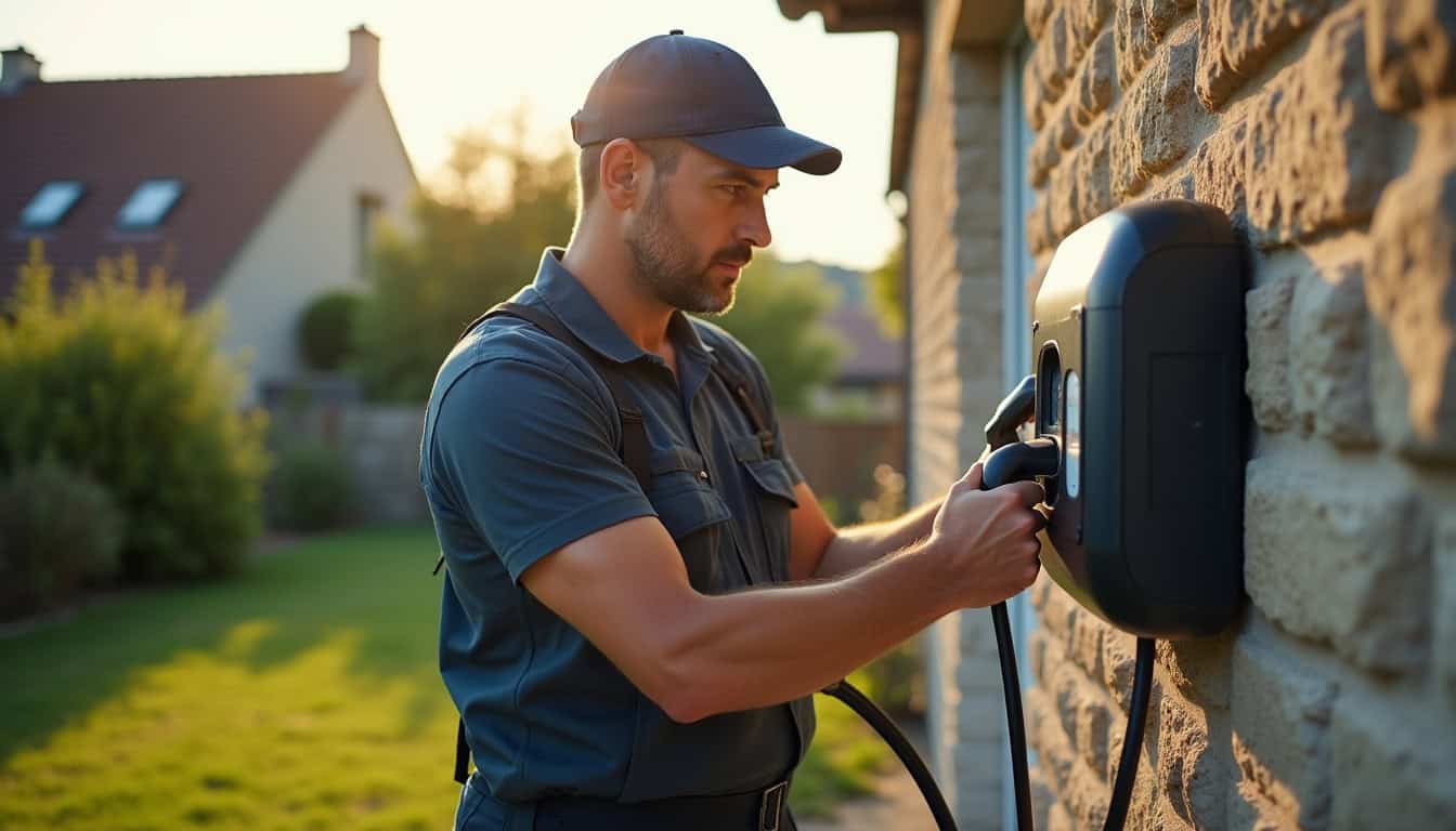 Un technicien en uniforme en train d'installer une borne de recharge électrique devant une maison à Quincampoix