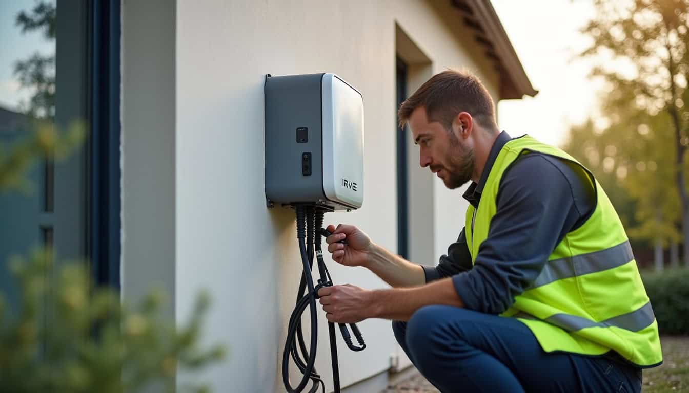Un technicien IRVE en train d’installer une borne de recharge électrique devant une maison à Pamiers