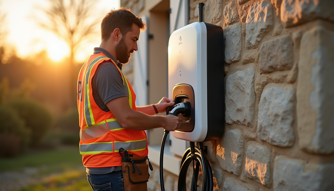 Un technicien IRVE en train d'installer une borne de recharge électrique sur un mur extérieur