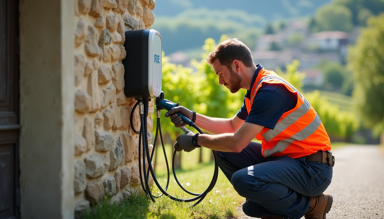Un technicien IRVE en train d'installer une borne électrique à Vergt