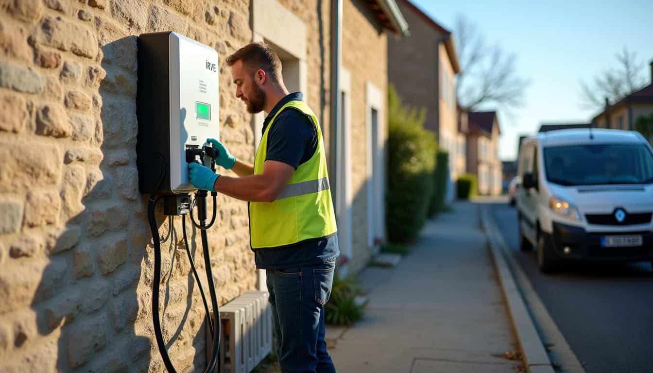 Un technicien IRVE teste la connexion d'une borne de recharge lors d'une installation à Juillac