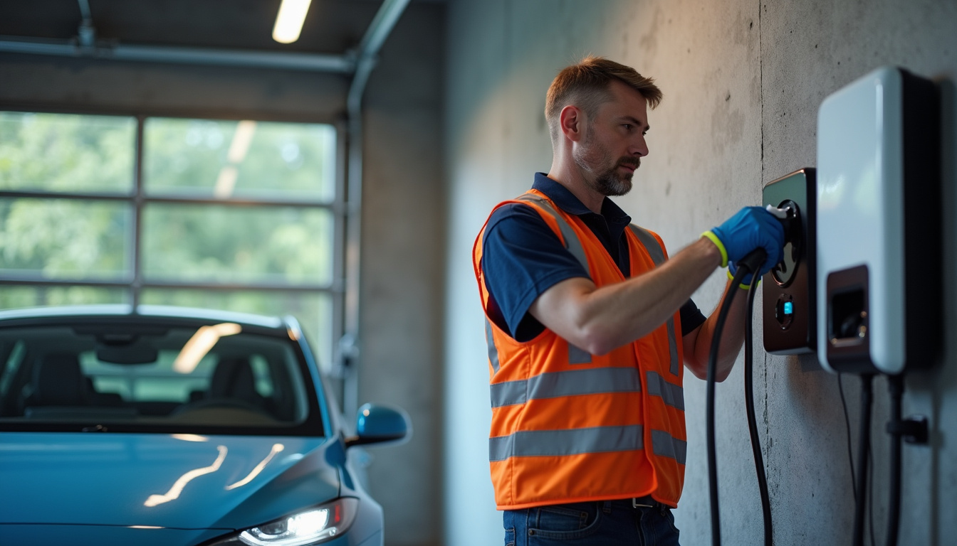 Un technicien qualifié en train d'installer une borne de recharge électrique dans un garage