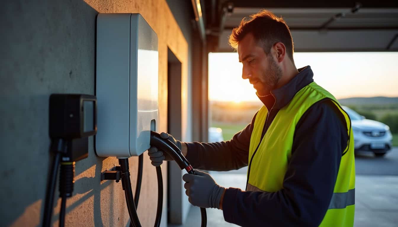 Un technicien qualifié IRVE en train d’installer une borne de recharge murale dans un garage à Plouvien