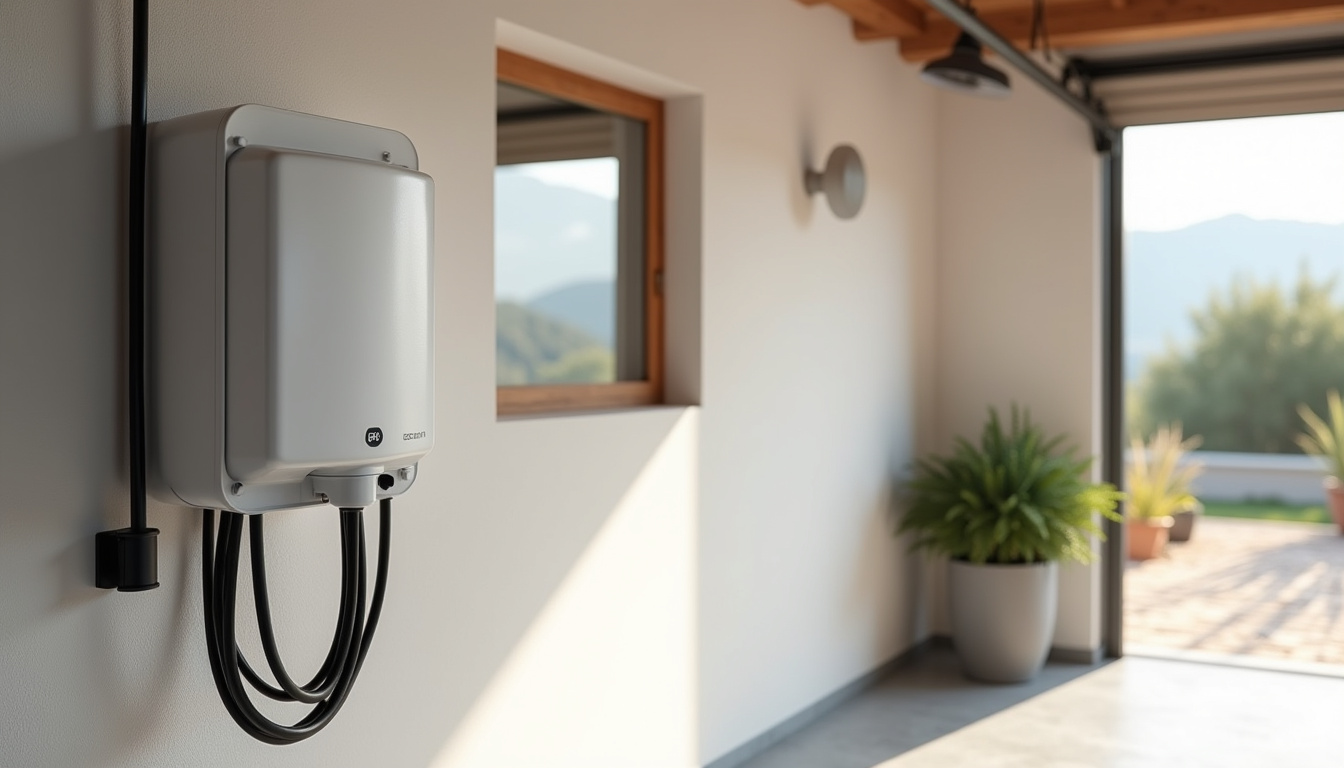 Une borne de recharge électrique installée dans un garage de particulier à Le Rouret, montrant le câblage sécurisé et la fixation murale