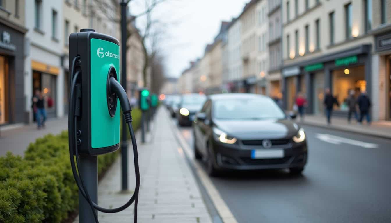 Une borne de recharge publique située à Dol-de-Bretagne, près d'une zone commerciale