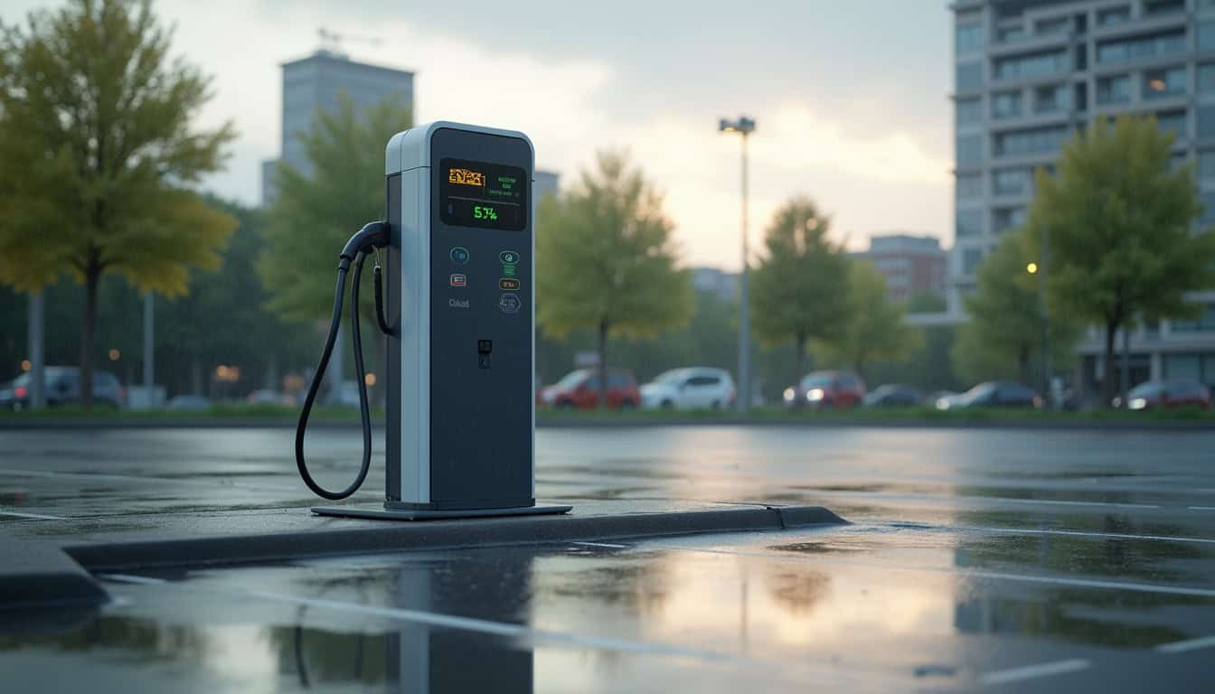 Une borne de recharge publique située sur un parking à Draveil