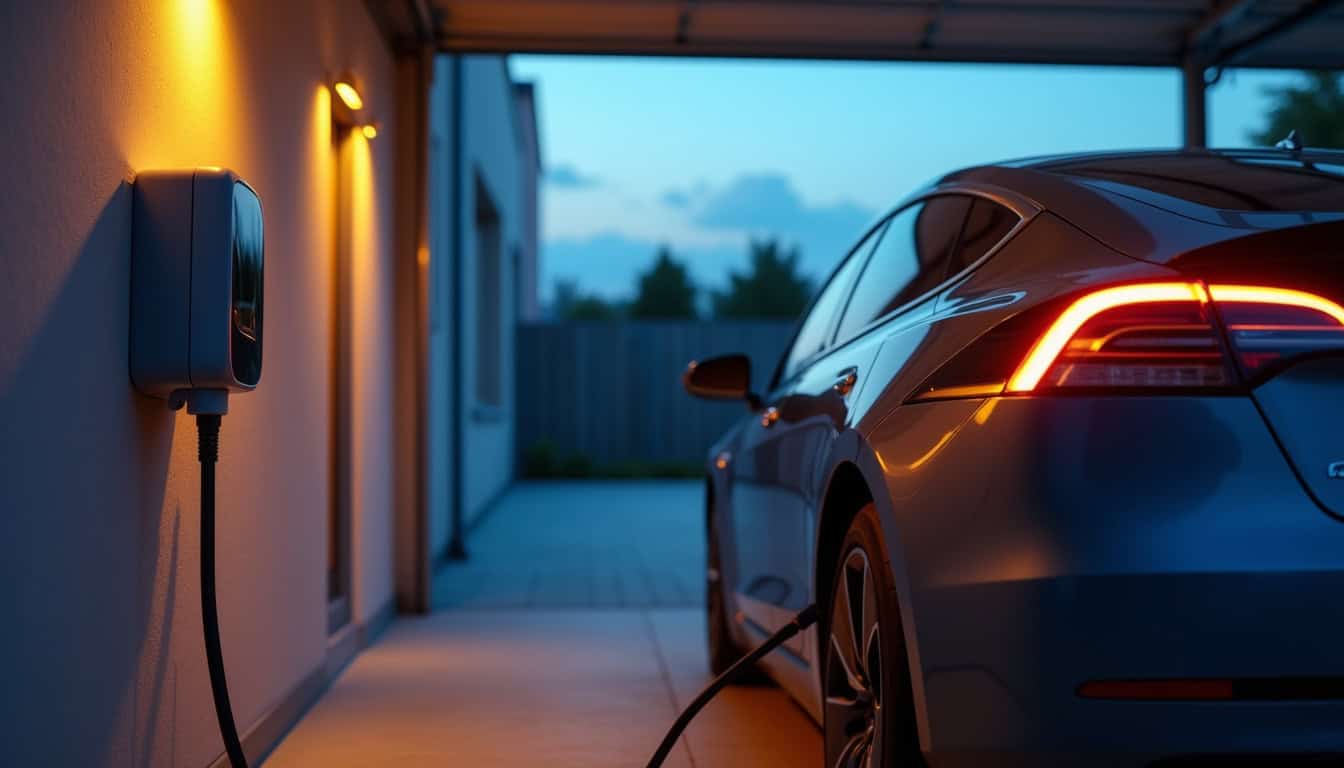 Véhicule électrique branché avec une prise de type 2 sur une borne murale