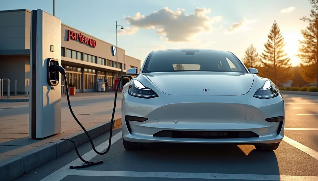 Véhicule électrique en charge sur une borne gratuite dans le parking d'un supermarché Carrefour à Trans-en-Provence