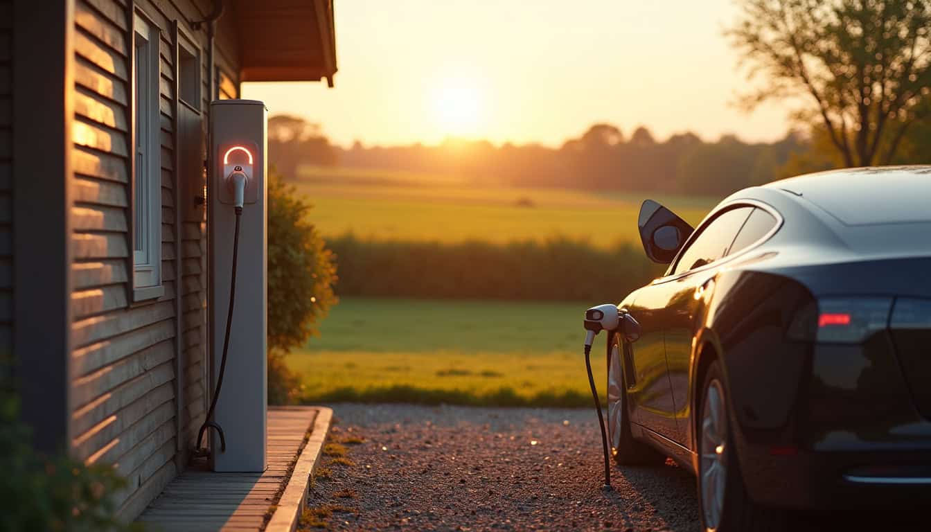 Véhicule électrique en cours de recharge sur une borne domestique connectée à une maison en milieu rural