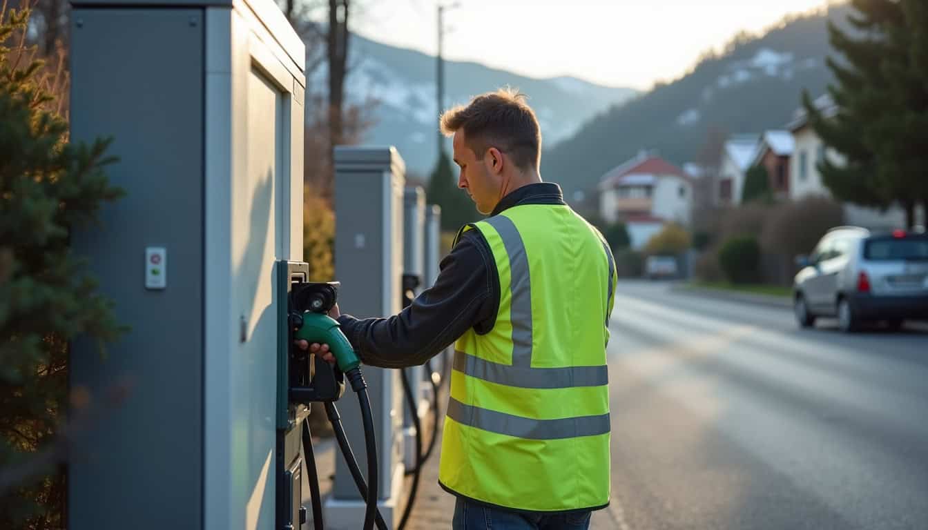 Vérification d'une borne de recharge électrique par un technicien à Ramonchamp
