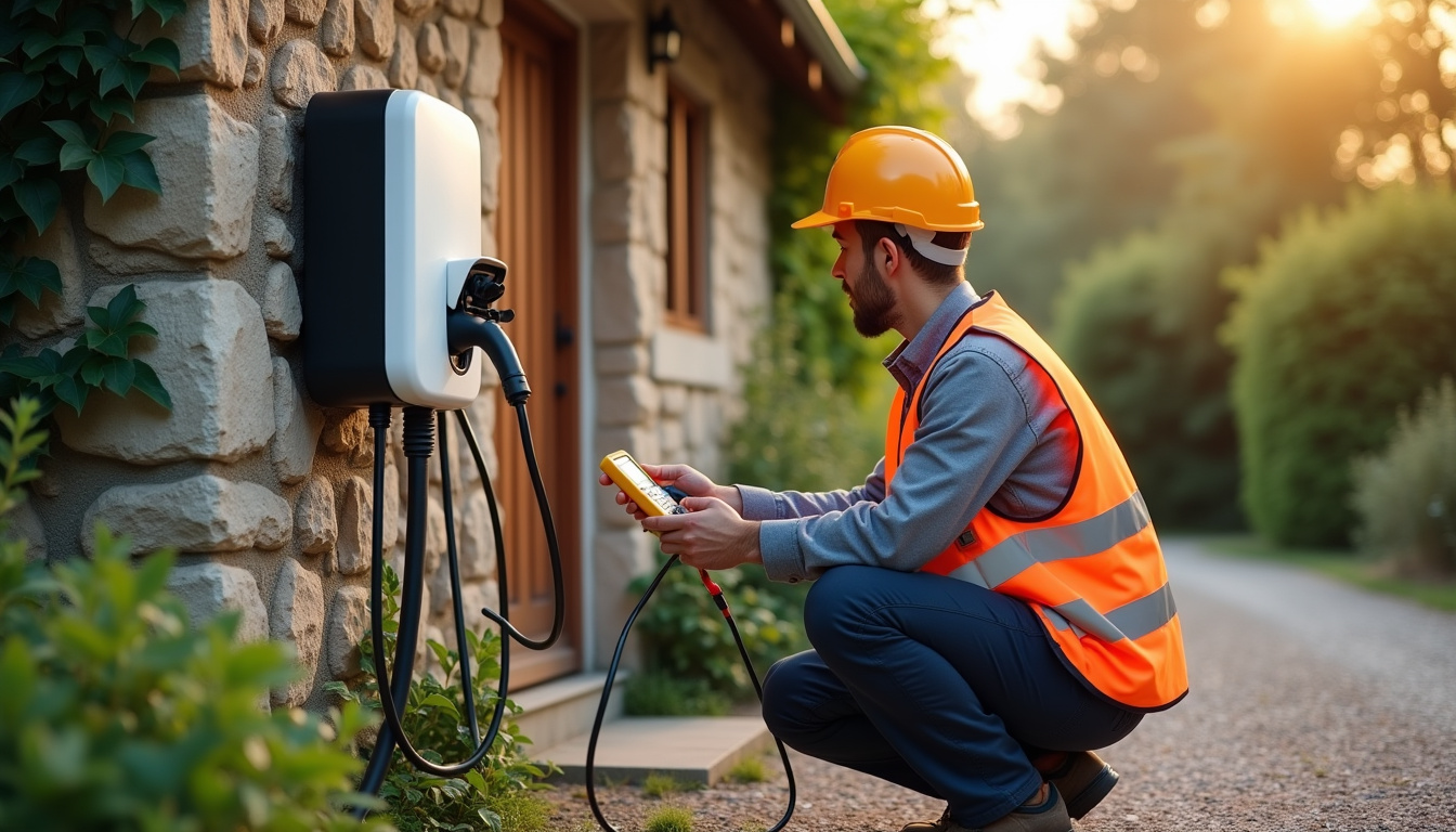 Vérification d'une borne de recharge par un technicien en extérieur