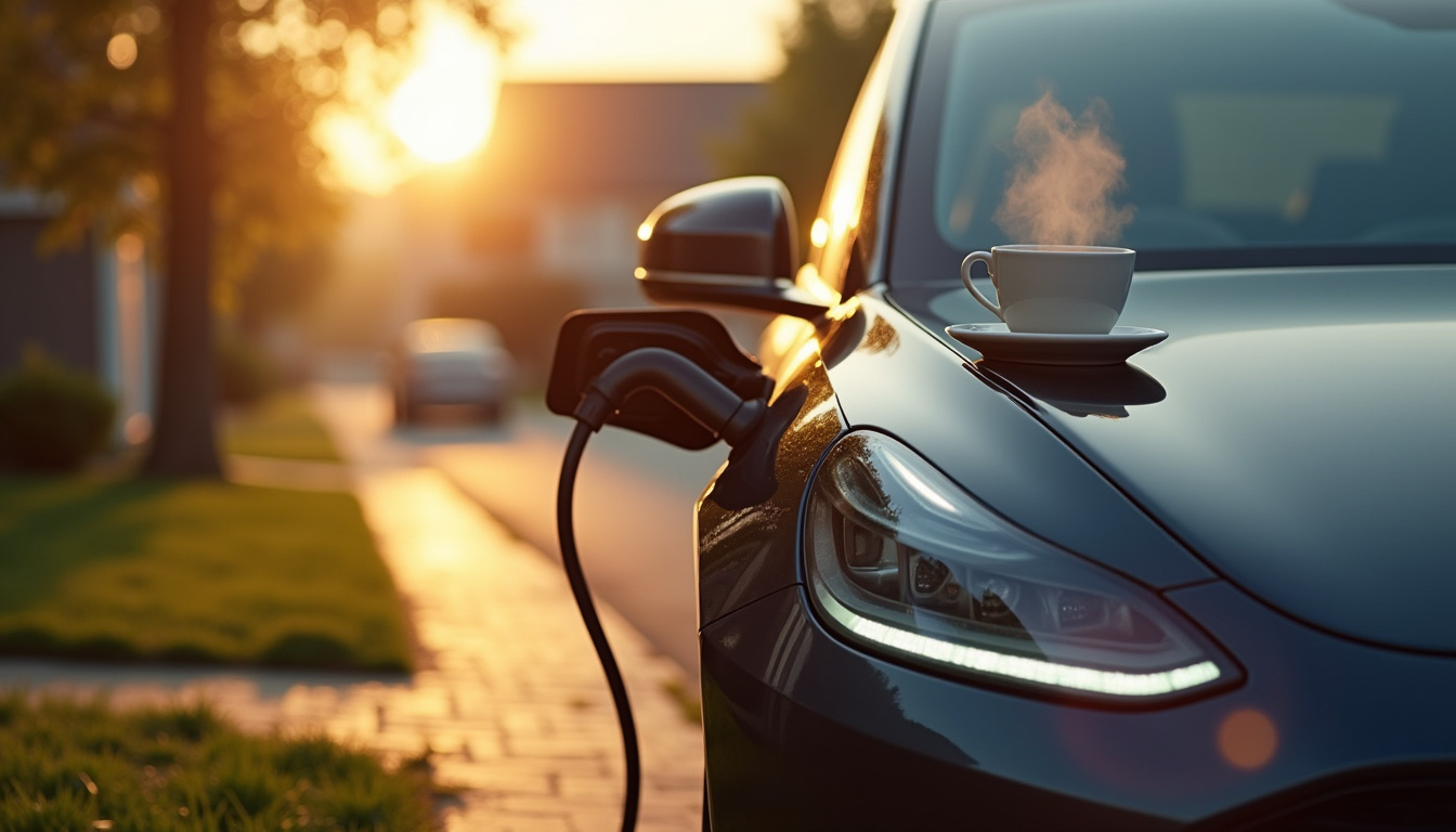 Voiture électrique branchée à la borne le matin, prête à partir pour la journée