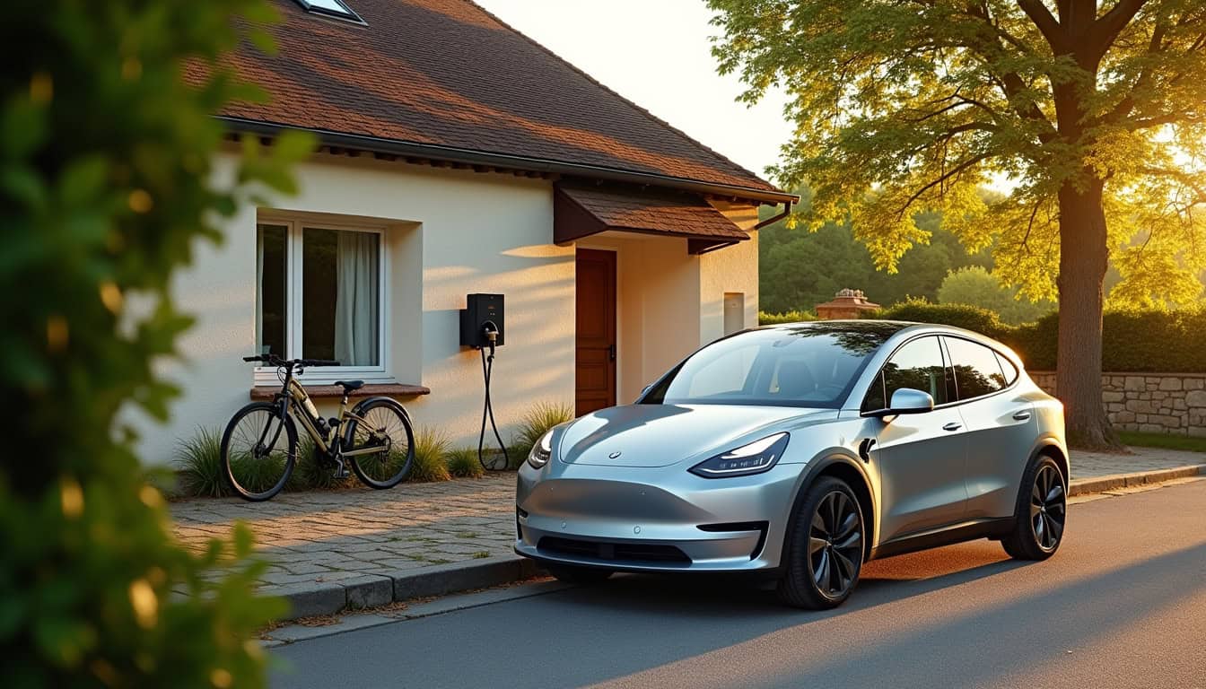 Voiture électrique en charge devant un pavillon à Razac-sur-l'Isle