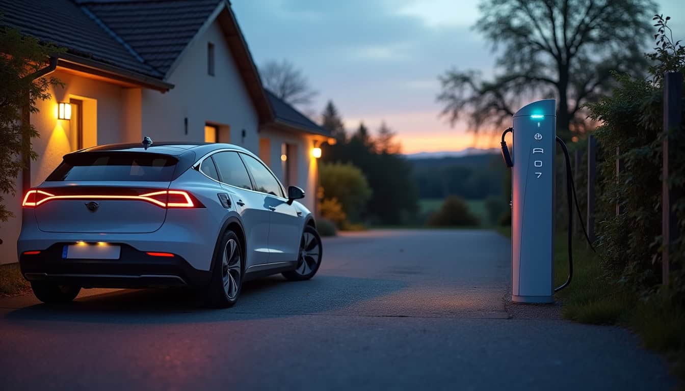 Voiture électrique en charge sur une borne domestique à Villaines-la-Juhel