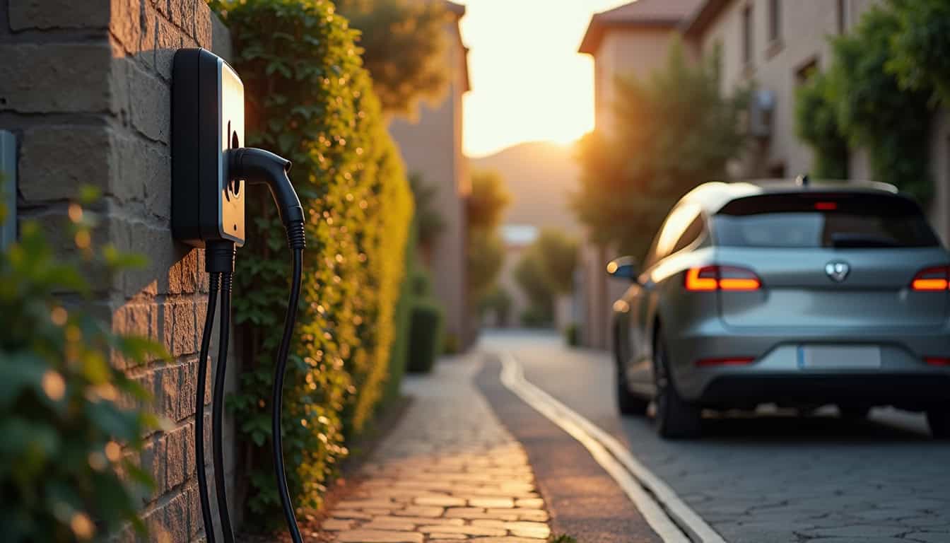 Voiture électrique en charge sur une borne installée en extérieur à Truyes