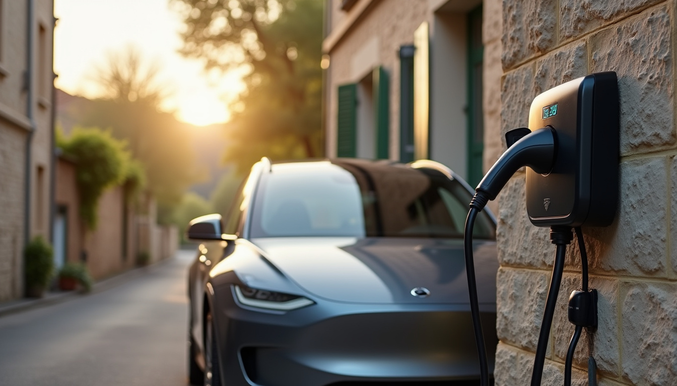 Voiture électrique en charge sur une borne murale à Montmirail