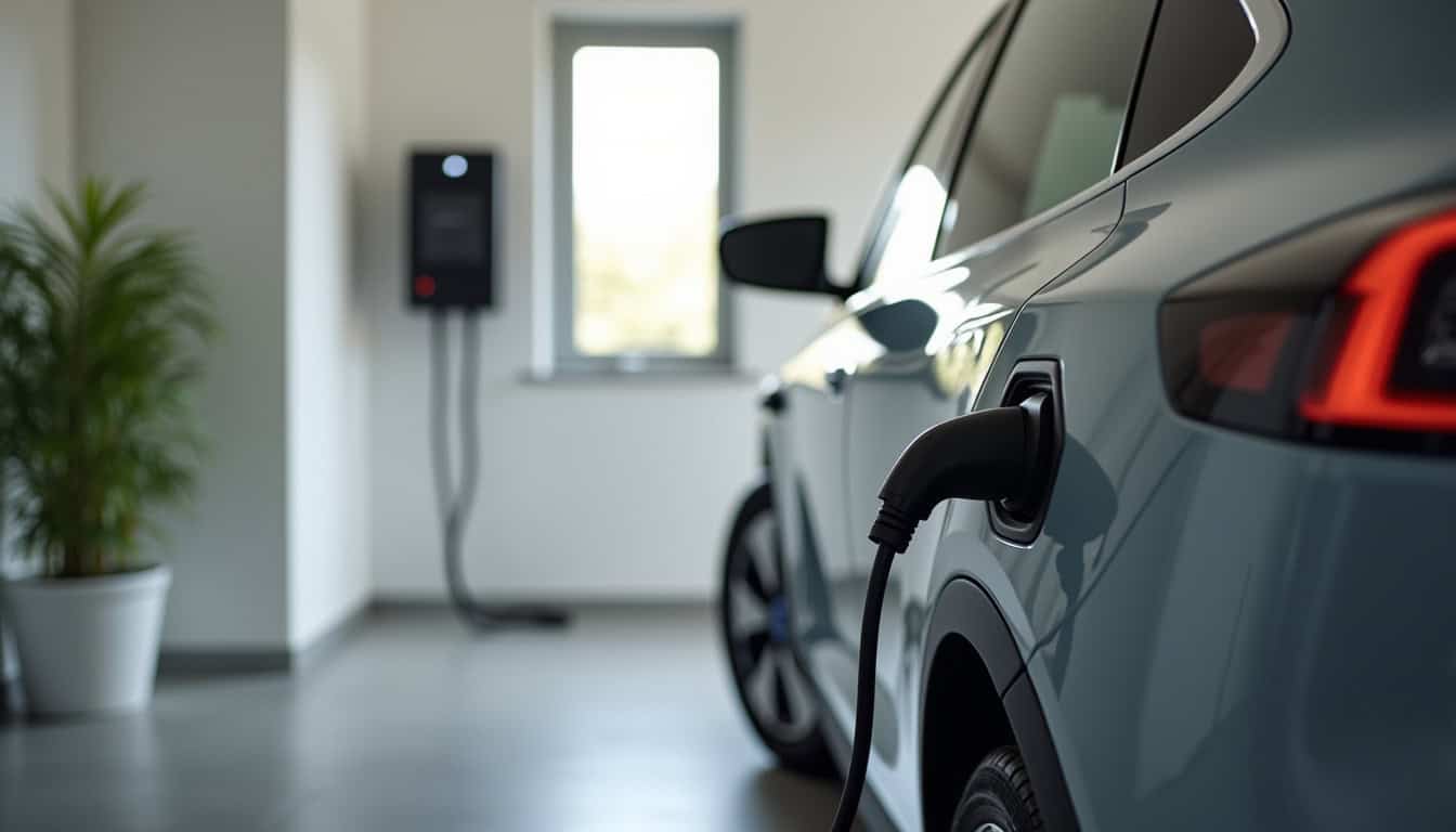 Voiture électrique en charge sur une borne murale installée dans un garage domestique
