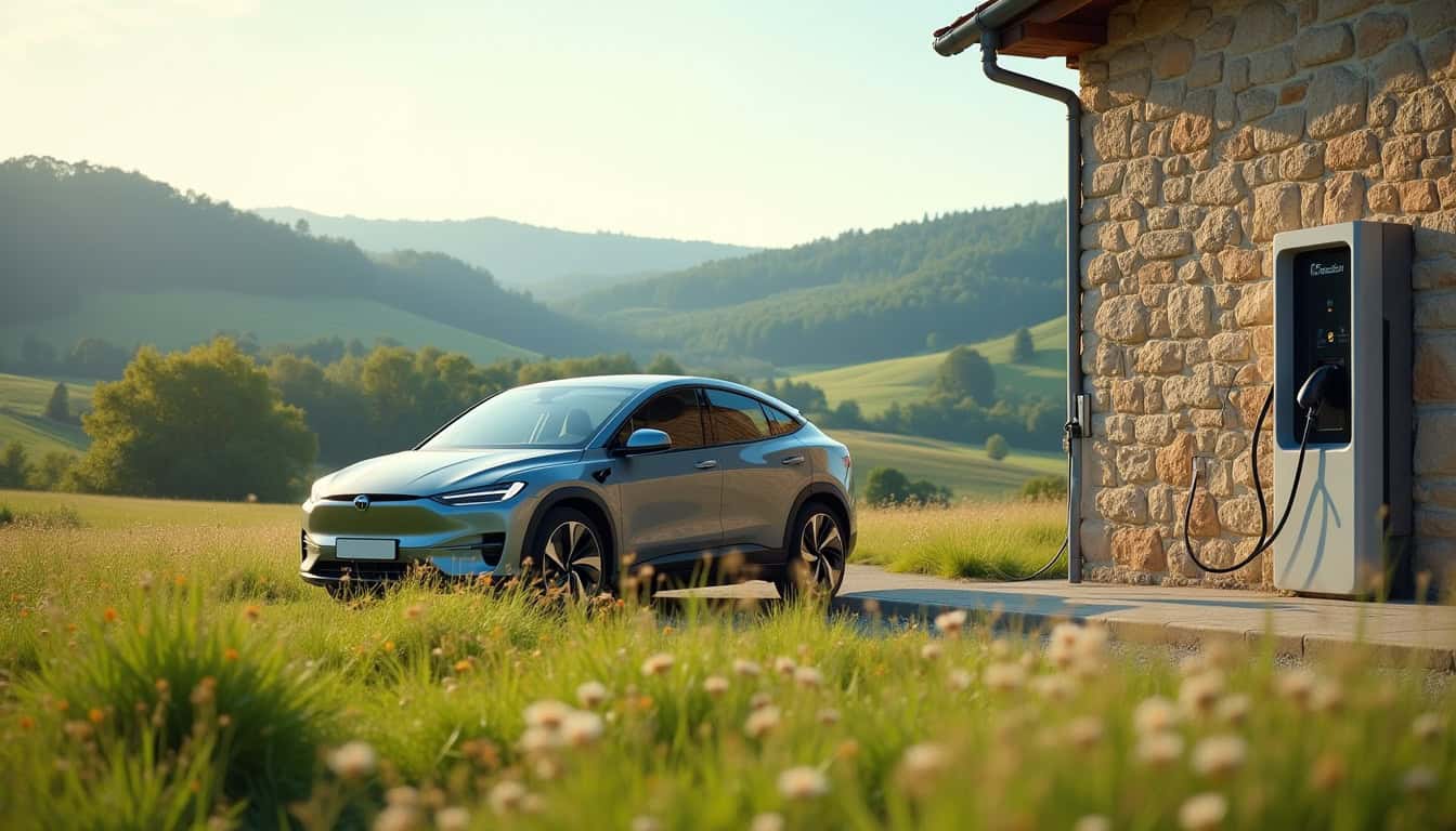 Voiture électrique en charge sur une borne publique en milieu rural, entourée de paysage verdoyant