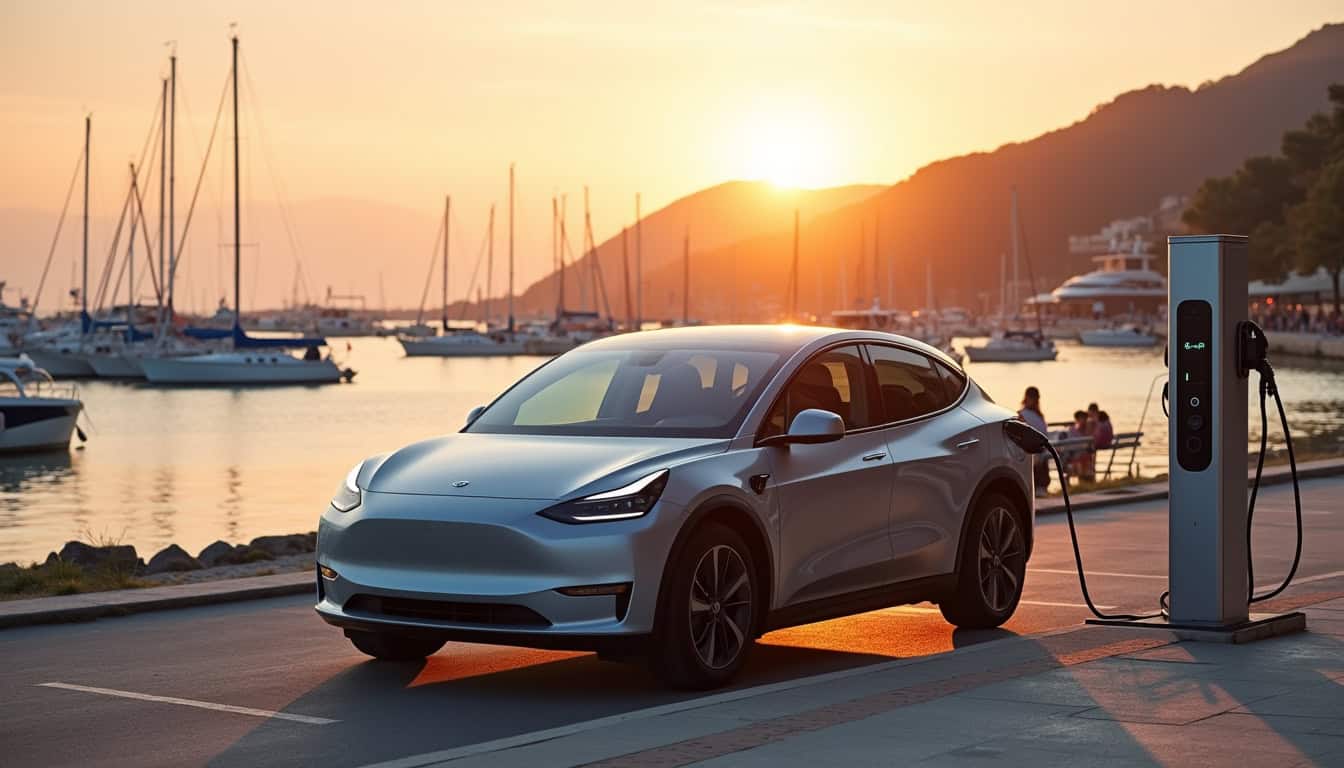 Voiture électrique en charge sur une borne publique située près du port de Banyuls-sur-Mer