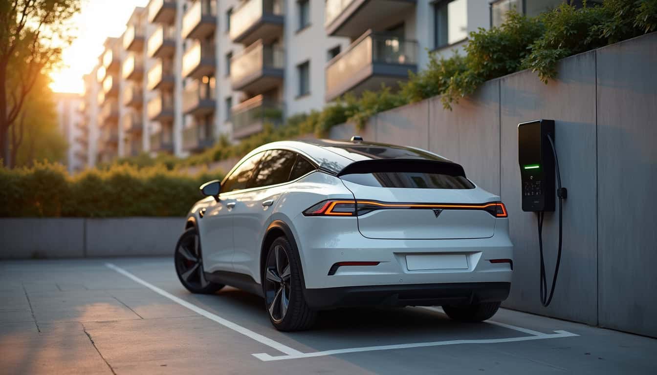 Voiture électrique en charge sur une place de parking privée à Aubervilliers