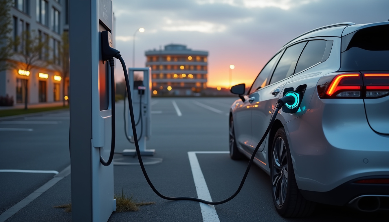 Voiture électrique en cours de recharge sur le parking de l'hôtel Akena à Camiers