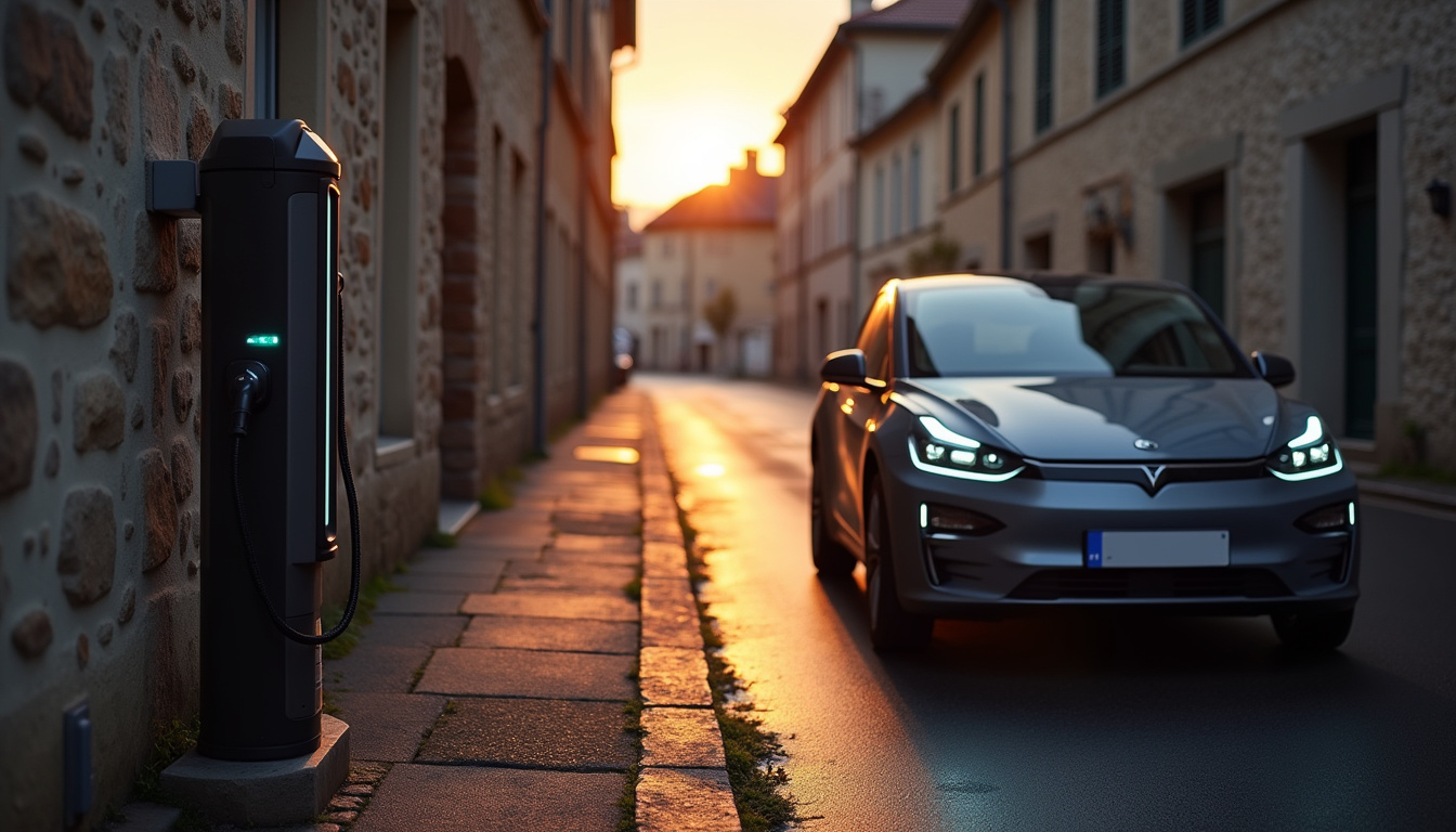Voiture électrique en cours de recharge sur une borne publique à Puyoô