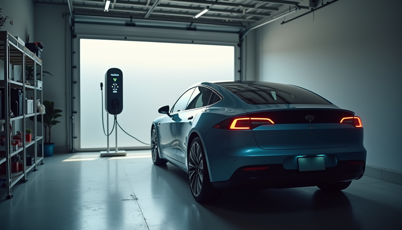 Voiture électrique en train de se recharger à l'aide d'une borne privée installée dans un garage à Sedan