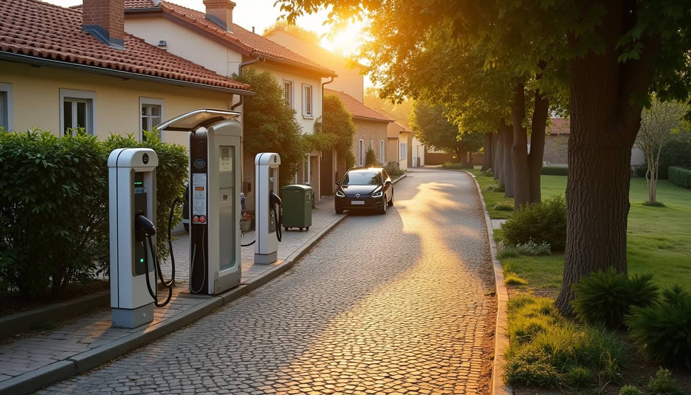 Vue aérienne de la commune de Sours avec une borne de recharge électrique installée en bordure de rue