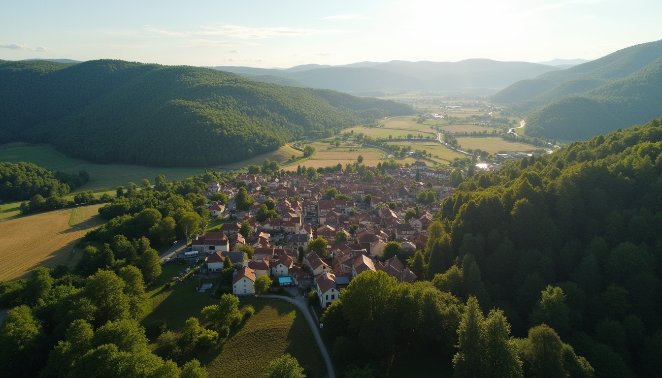 Vue aérienne du village de Dieulefit entouré de collines et de forêts