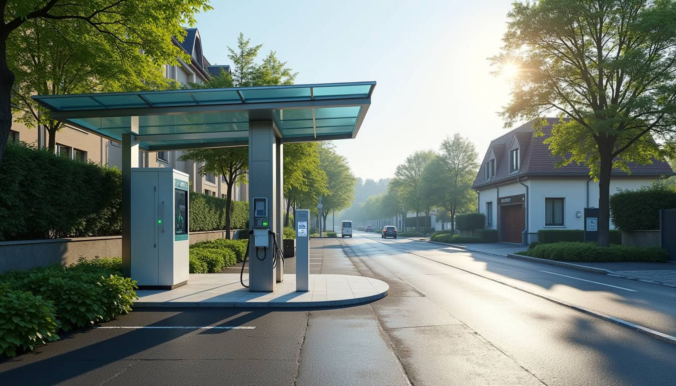 Vue de la borne de recharge accélérée située au 88 Chemin de l'Église à Prévessin-Moëns