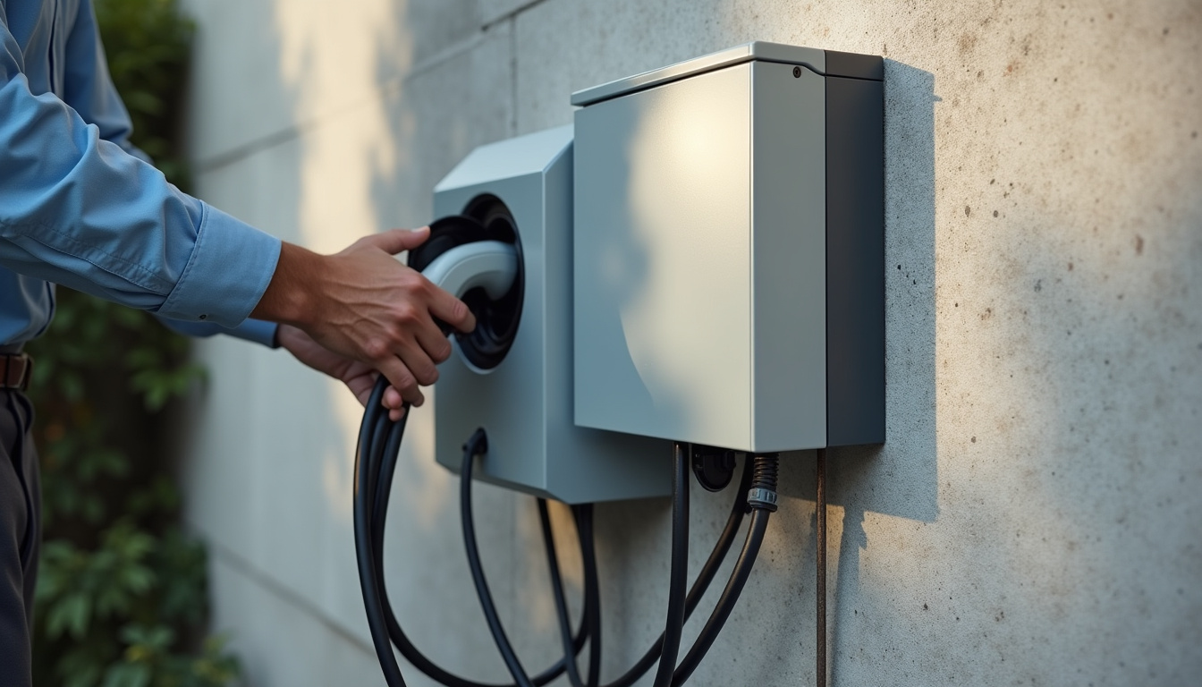 Vue d'ensemble du montage d'une borne de recharge murale avec câblage et boîtier électrique