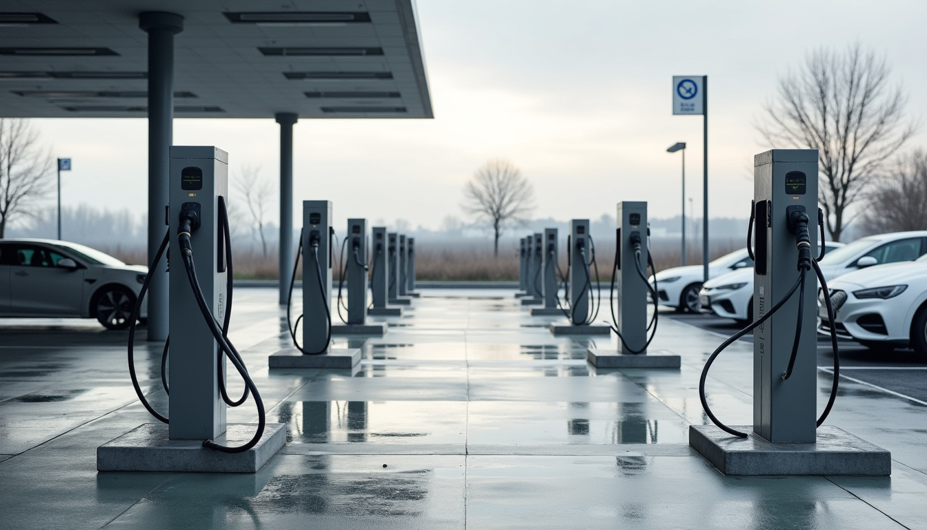 Vue d'ensemble d'un parking équipé de plusieurs bornes de recharge publiques à Saint-Fons