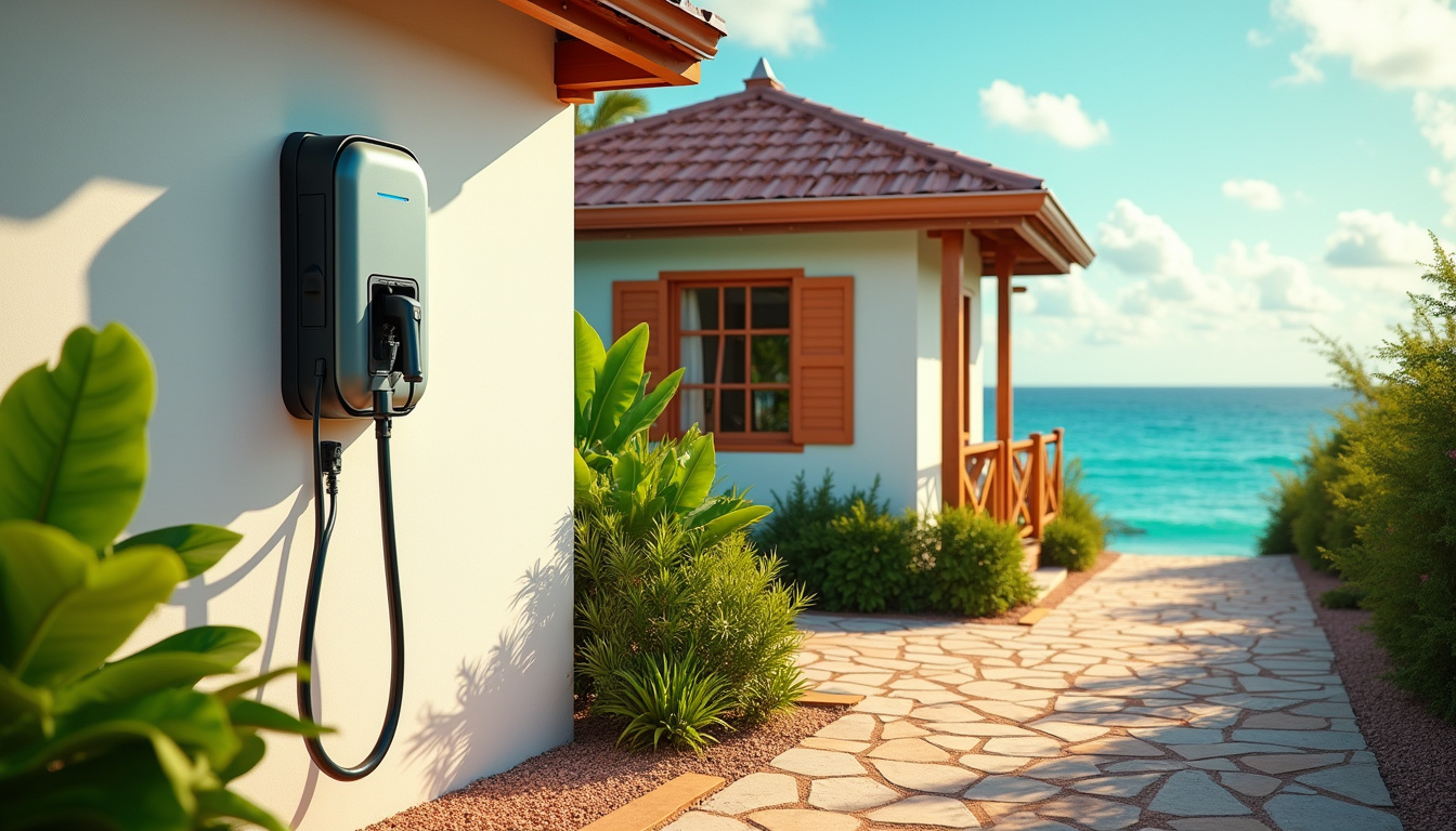 Vue d'ensemble d'une borne de recharge électrique installée en extérieur à Terre-de-Haut