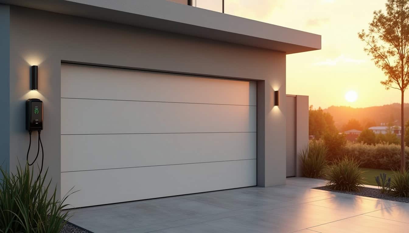Vue d'un garage avec une borne de recharge installée sur le mur extérieur