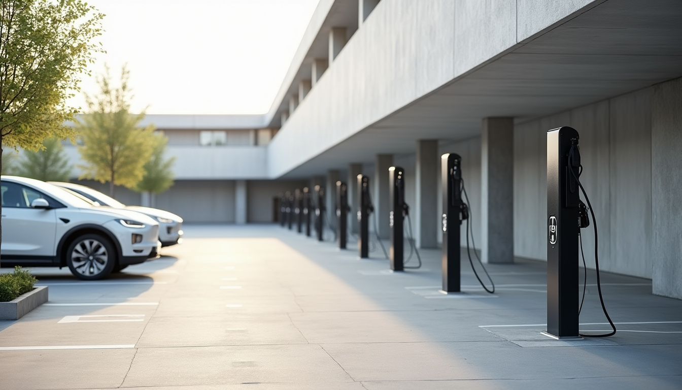 Vue d'un parking collectif équipé de bornes de recharge pour véhicules électriques