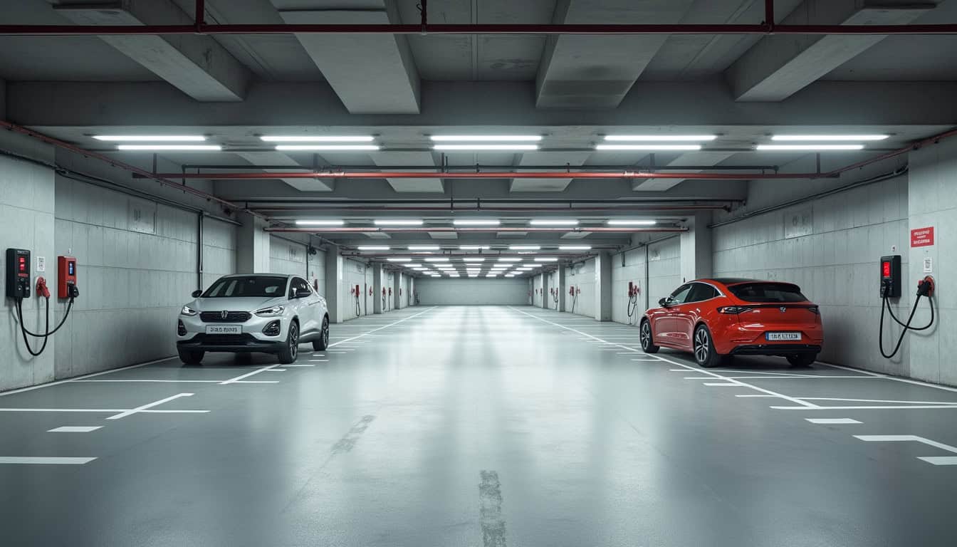 Vue d'un parking de copropriété à Pont-sur-Seine équipé de plusieurs bornes de recharge électriques alignées le long des places de stationnement