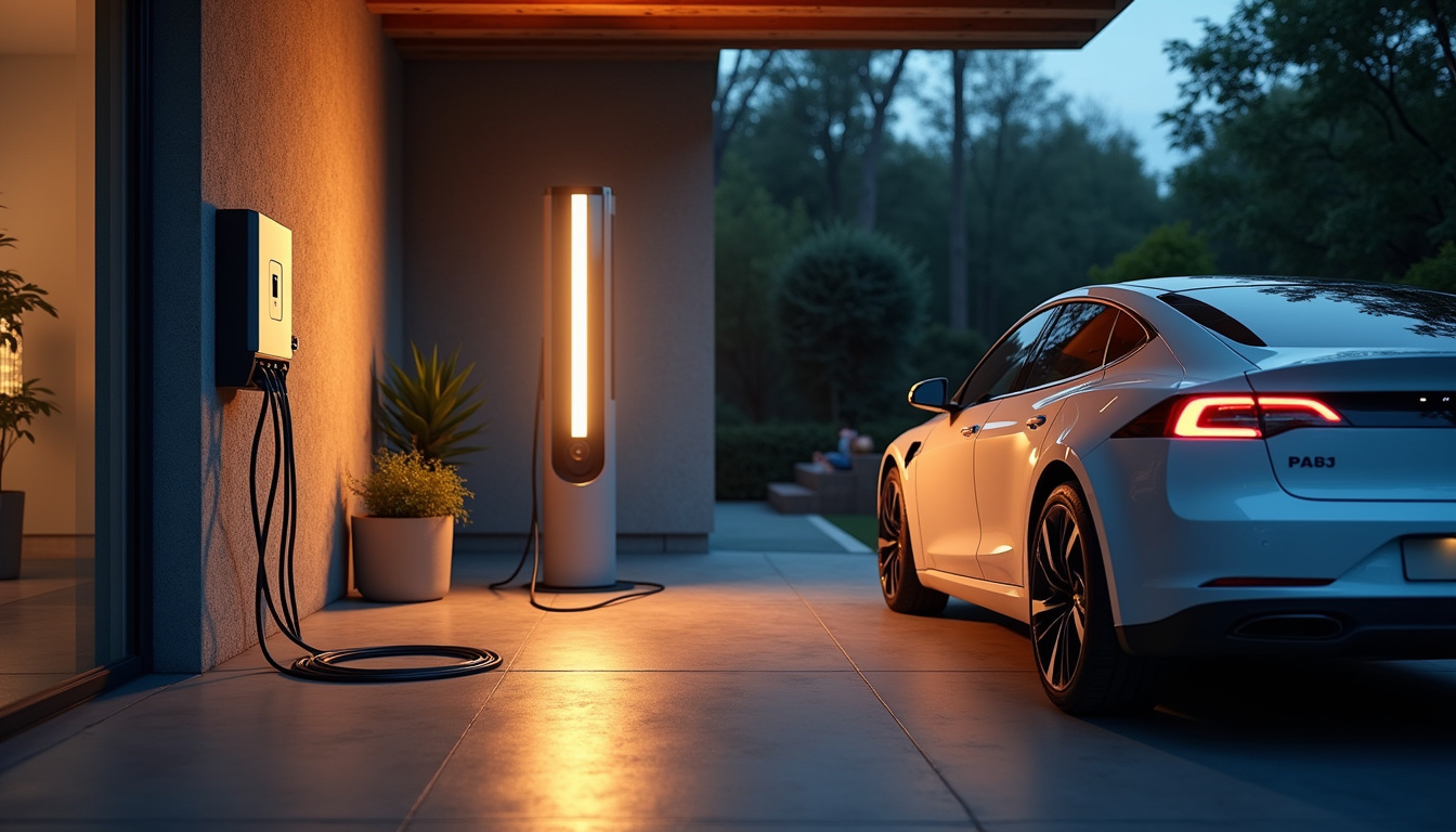 Vue d'une borne de recharge électrique installée dans un garage privé en Côte-d’Or, avec un véhicule électrique en cours de charge