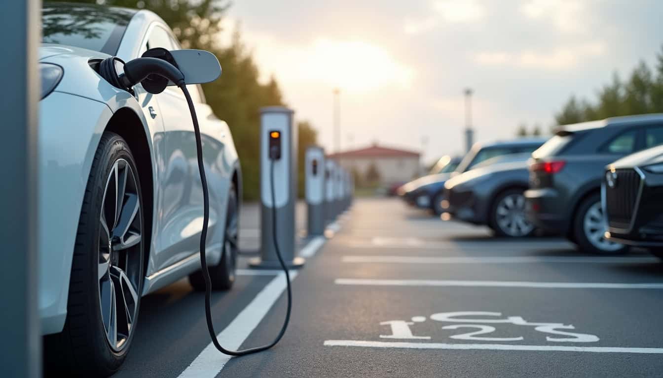 Vue d'une borne de recharge électrique installée dans un parking d'entreprise à Albi, avec plusieurs véhicules électriques en cours de charge