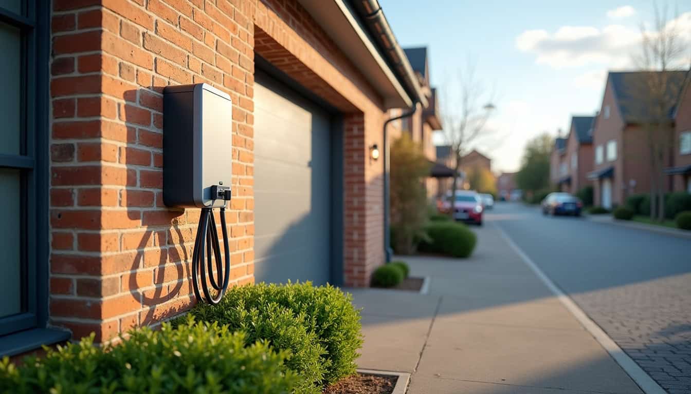 Vue d'une borne de recharge électrique installée devant un garage à Saint-Martin-Boulogne pendant la journée