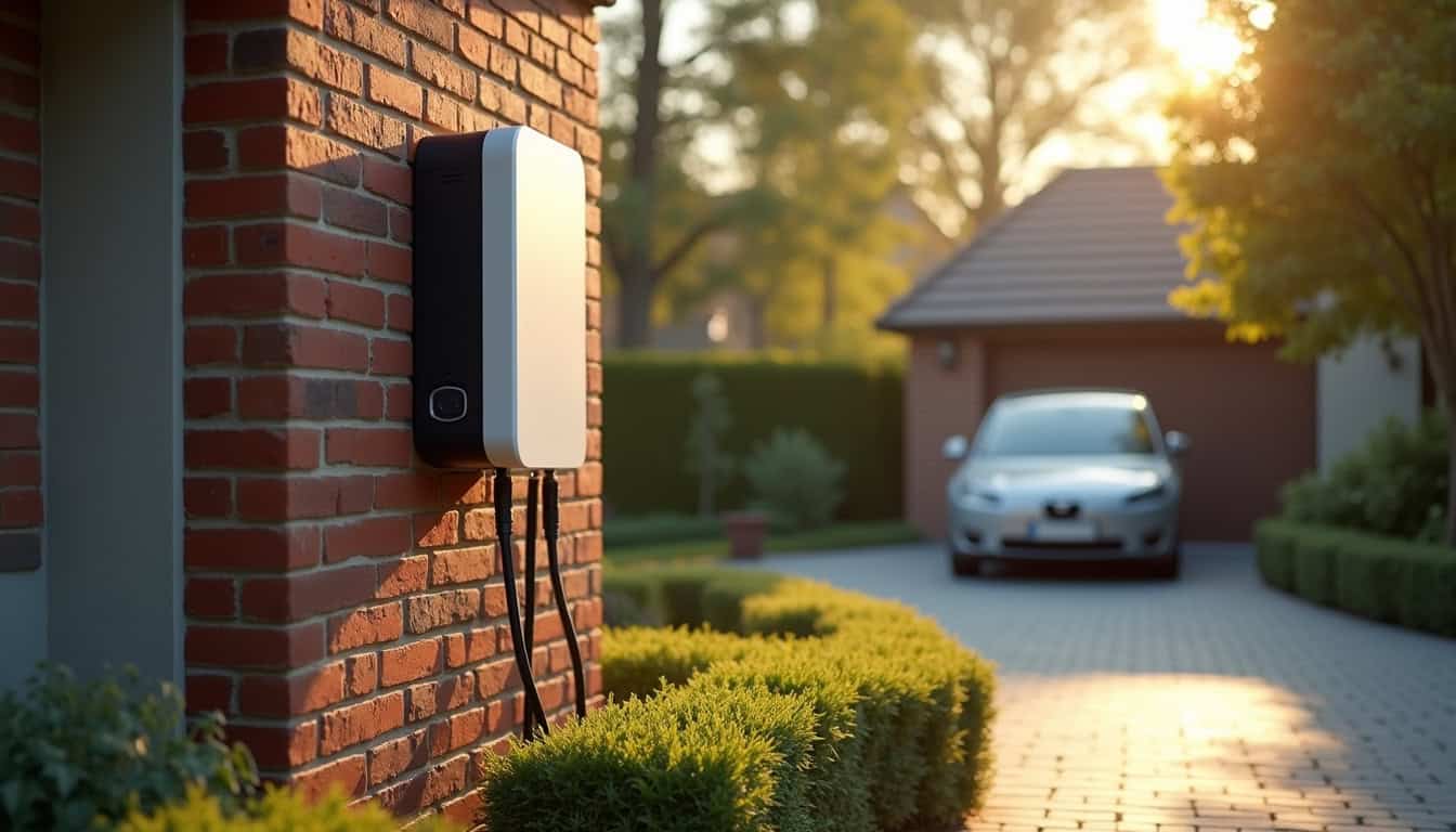 Vue d'une borne de recharge installée devant un garage en résidence individuelle