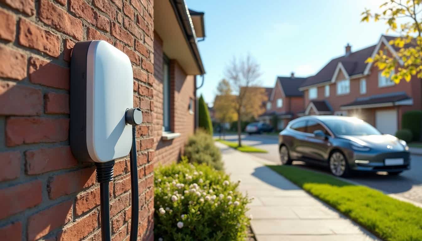 Vue d'une borne de recharge installée devant une maison à Draveil en journée
