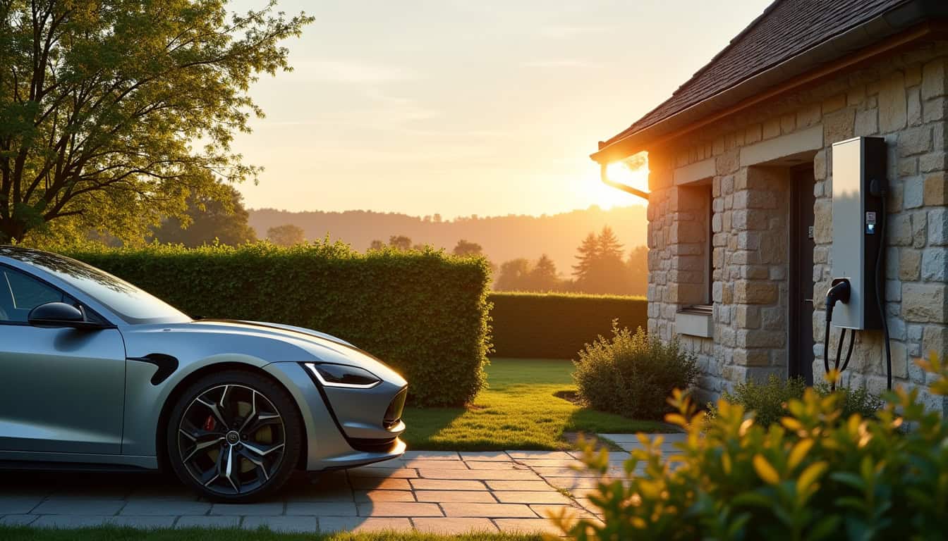 Vue d'une borne de recharge installée devant une maison à Quincampoix, illustrant les bénéfices de la mobilité électrique