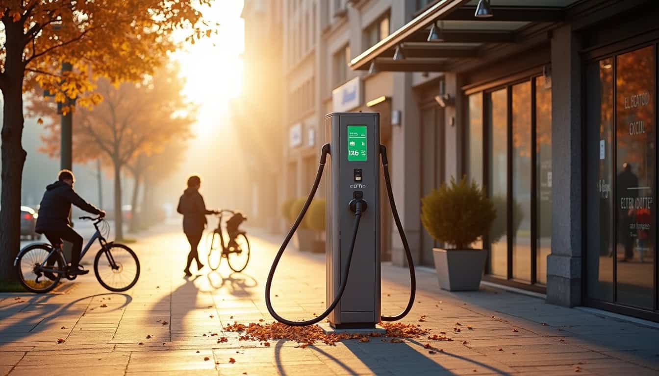 Vue d'une borne de recharge publique située à Saint-Grégoire, près d'un commerce