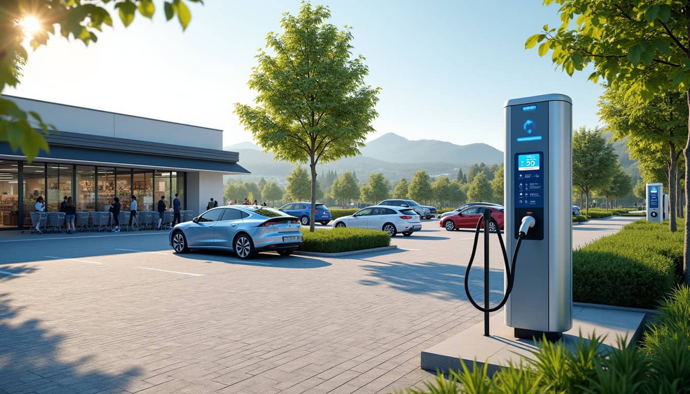 Vue d'une borne de recharge publique située près d'un supermarché à Montauroux