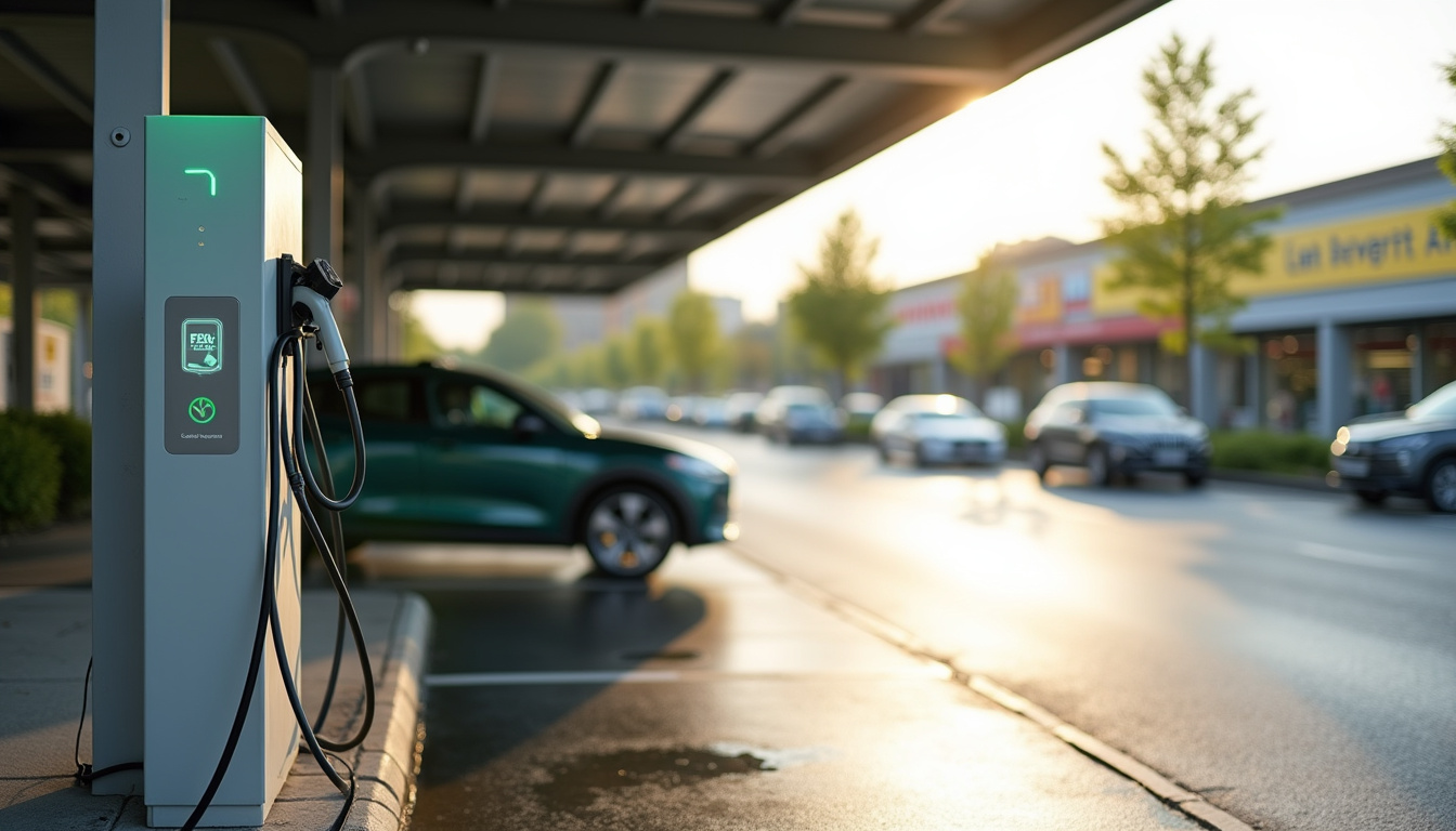 Vue d'une borne de recharge publique située près d'un supermarché à Rillieux-la-Pape