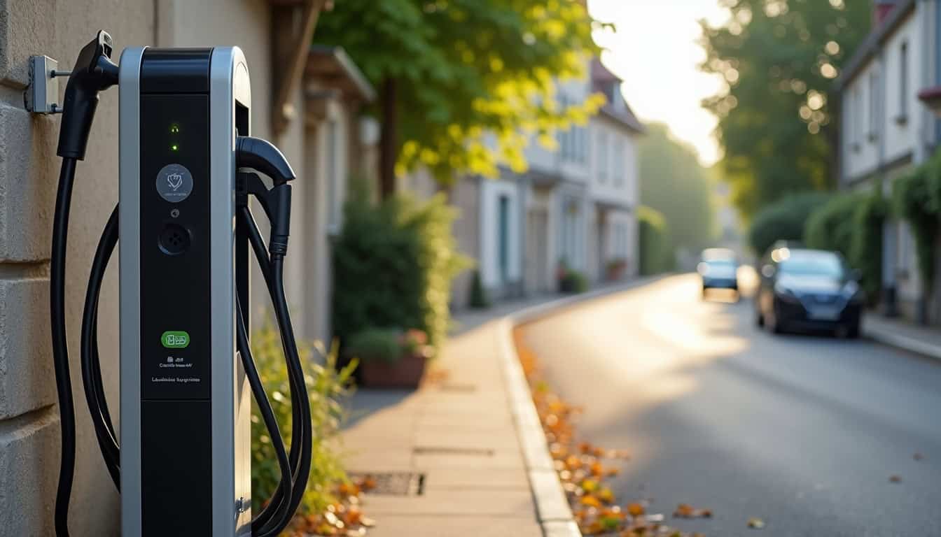Vue d'une rue de Jouy-le-Potier avec une borne de recharge électrique installée sur le trottoir