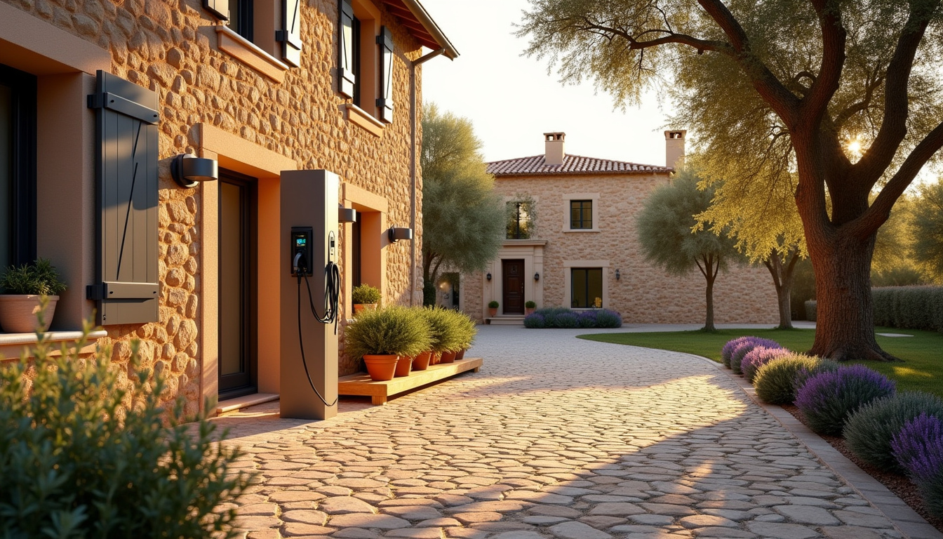 Vue d'une rue résidentielle à Le Rouret avec une borne de recharge électrique installée devant une maison, intégrée harmonieusement à l'environnement